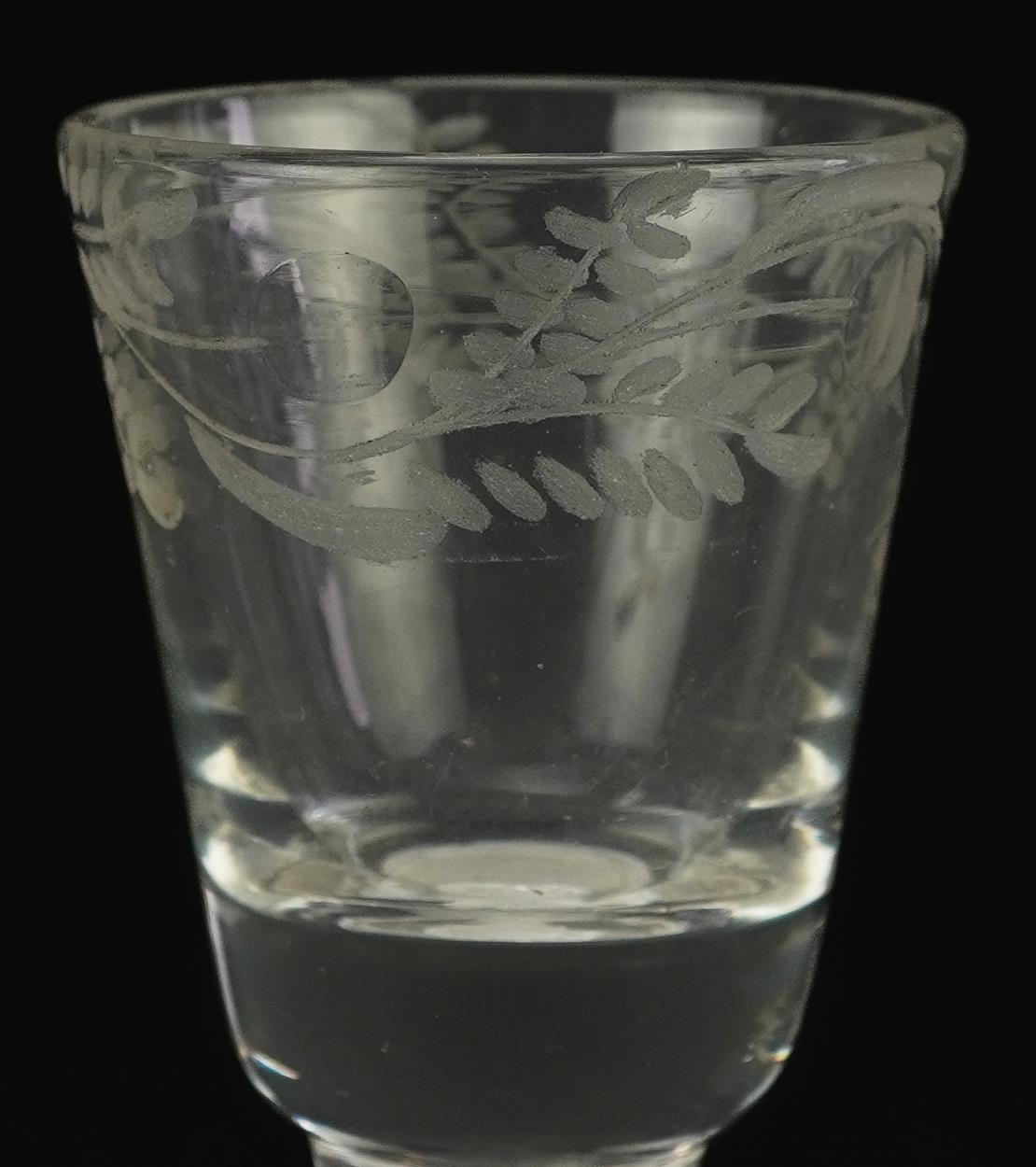 18th century cordial glass with multiple opaque twist stem and floral engraved bowl, 16.5cm high - Image 2 of 5