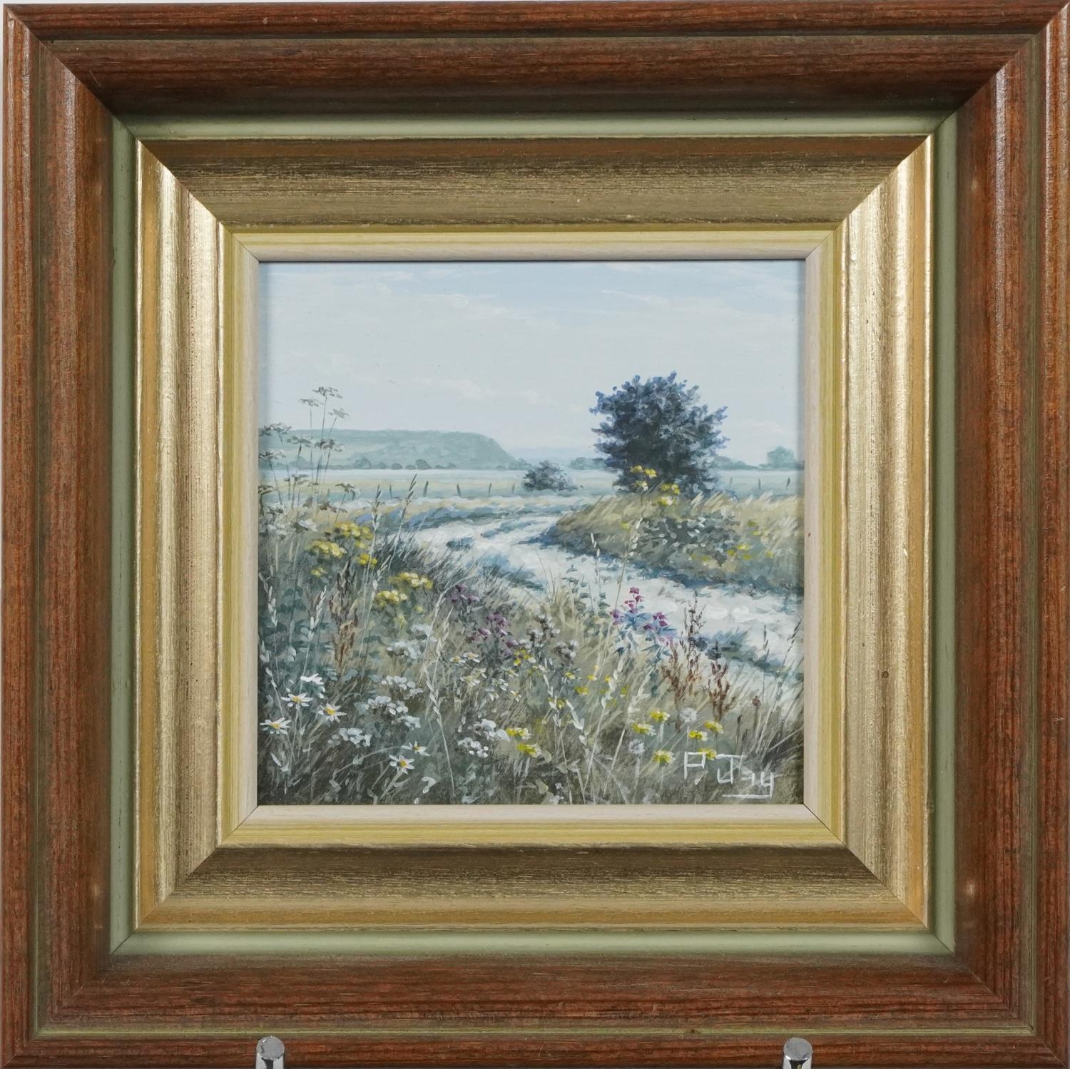 Peter Jay - Snow, Track on the Marsh and Summer on the South Downs, three oil on boards including - Image 15 of 20