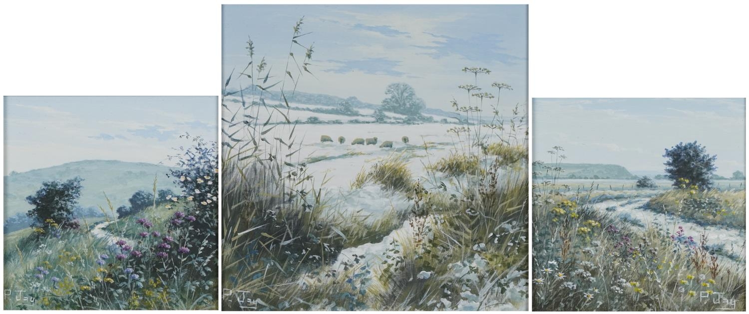 Peter Jay - Snow, Track on the Marsh and Summer on the South Downs, three oil on boards including