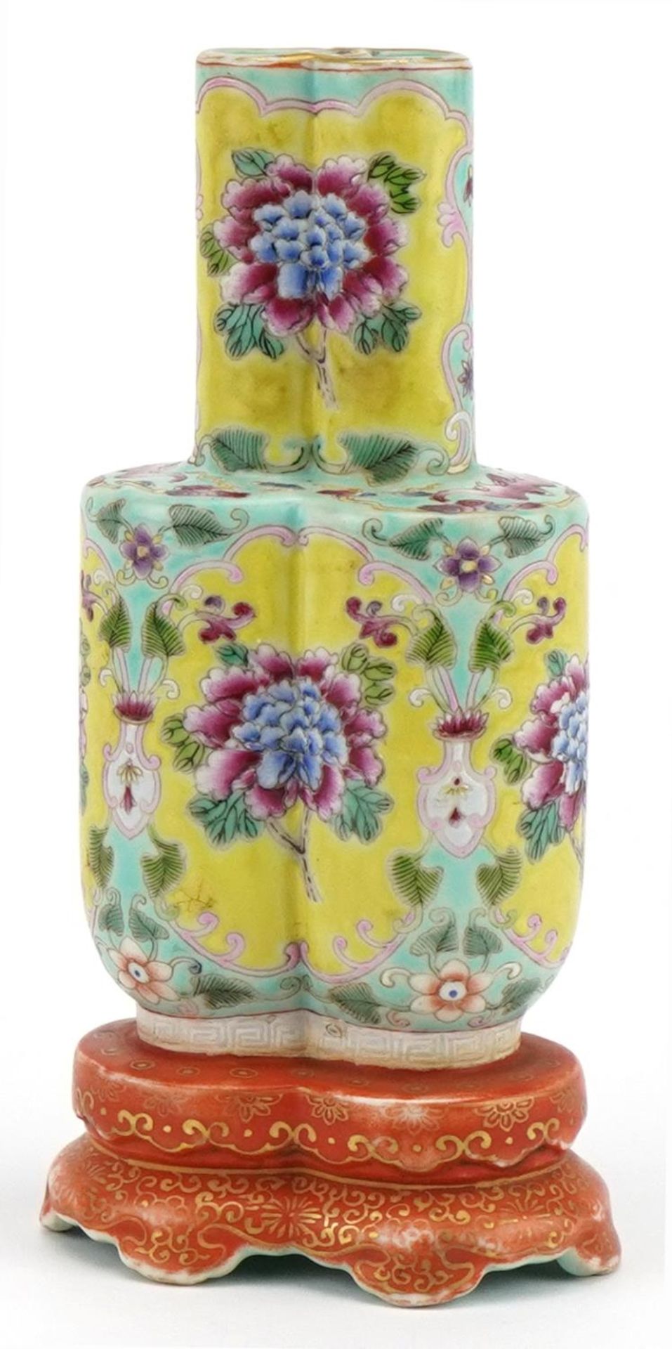 Chinese porcelain conjoined vase finely hand painted in the famille rose palette with flowers, six