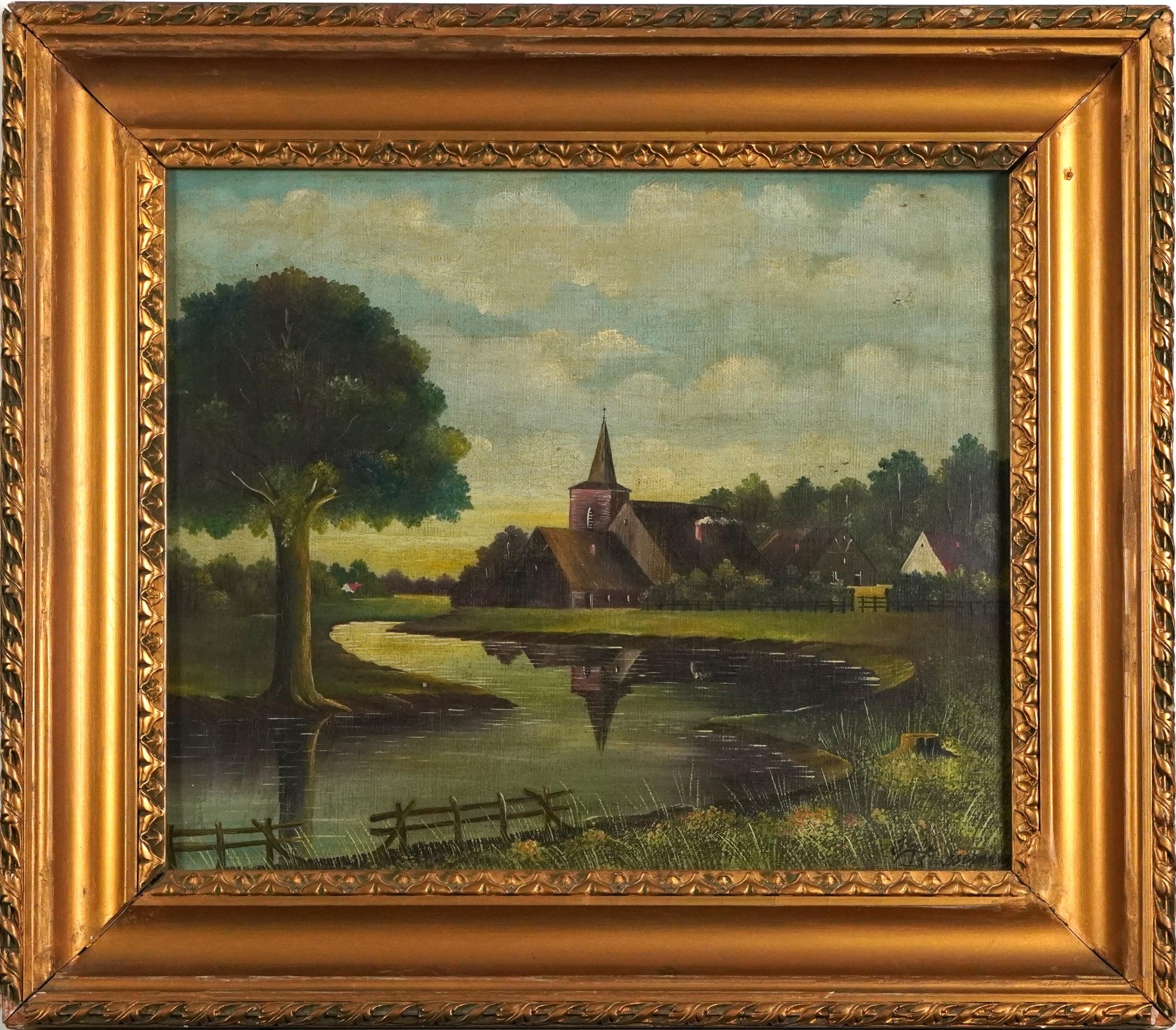 Continental river landscape with church and trees, oil on canvas laid on board, mounted, framed - Image 2 of 4