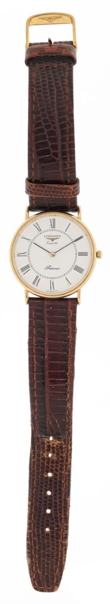 Longines, gentlemen's 9ct gold Longines Presence quartz wristwatch having white dial with Roman - Image 2 of 6