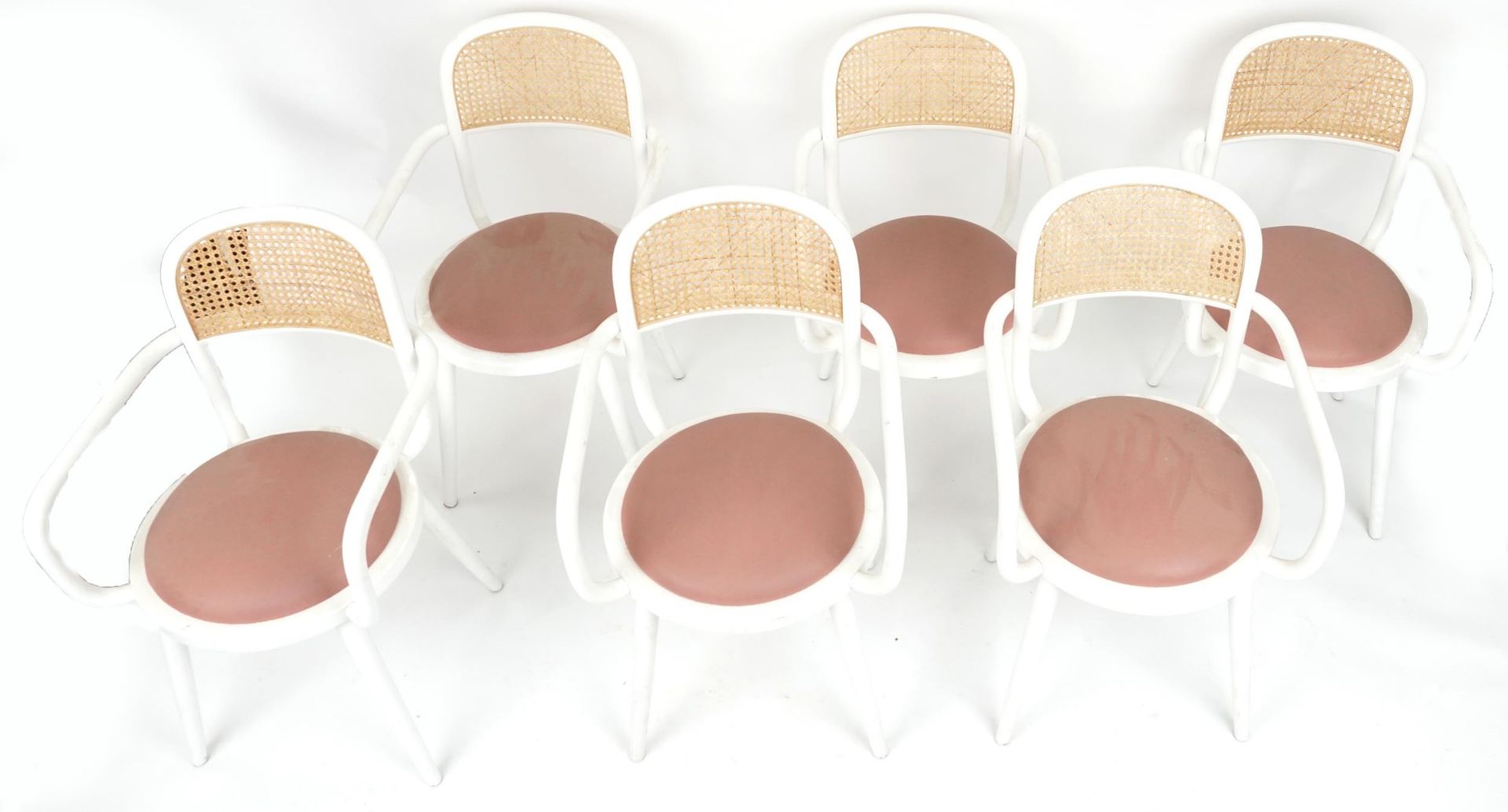 Set of six Italian bentwood bistro chairs with cane backs and salmon upholstered cushioned seats, - Image 2 of 3