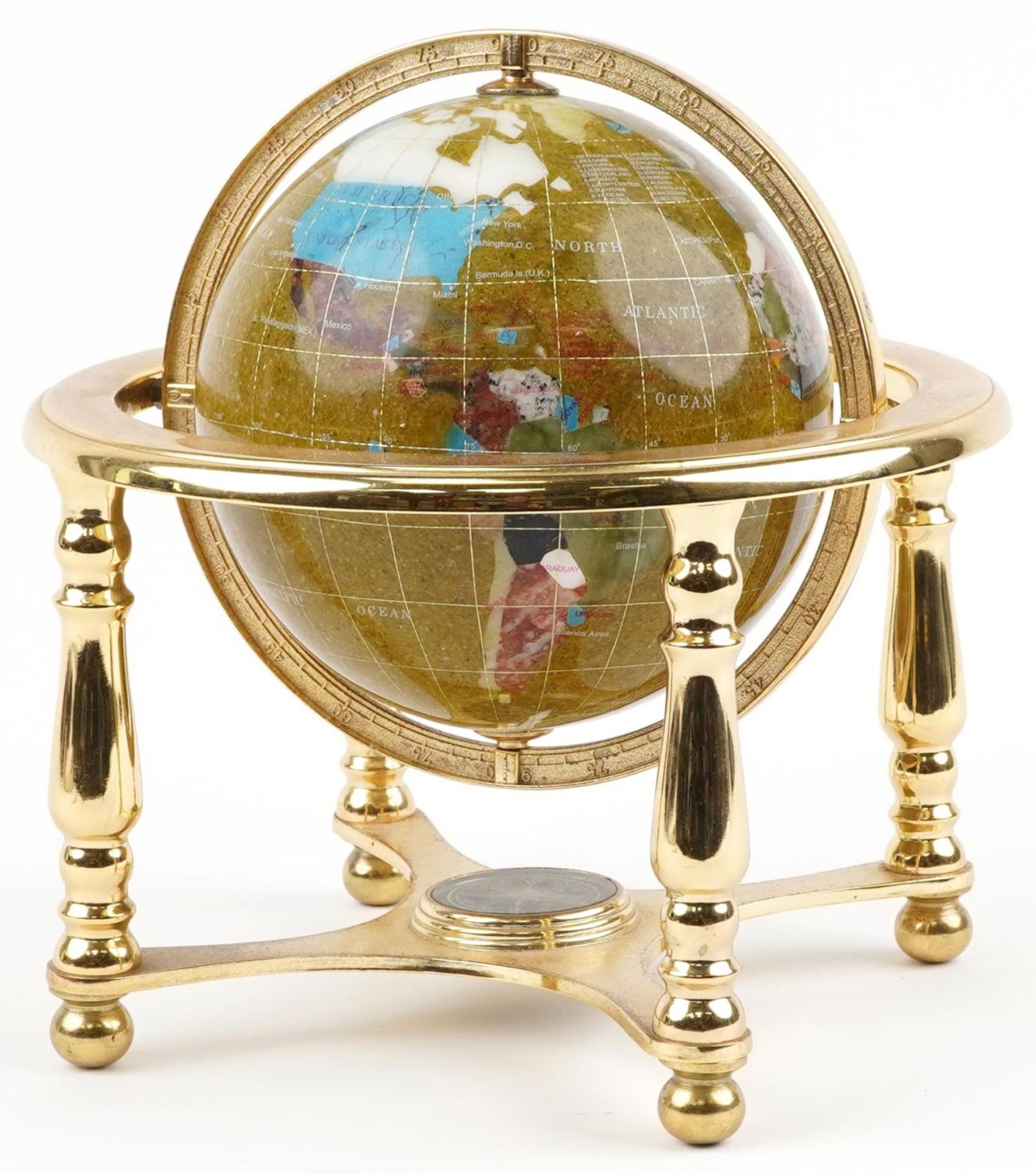 Contemporary polished stone table globe with brass stand and compass under tier, 23.5cm high - Bild 2 aus 3