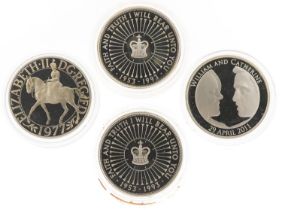 Four United Kingdom silver proof coins comprising two Coronation 40th Anniversary crowns, 1977
