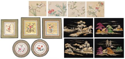 Chinese textiles and pictures including four paintings on silk of birds and flowers and five silk