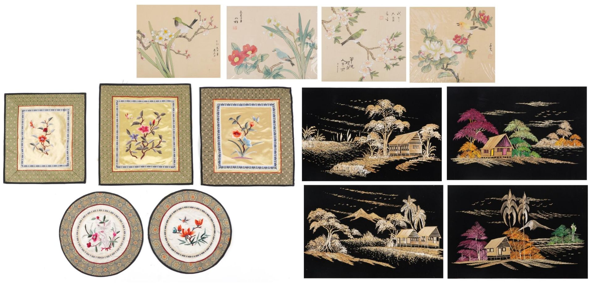 Chinese textiles and pictures including four paintings on silk of birds and flowers and five silk