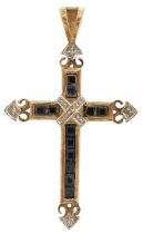 Renaissance Revival 9ct gold sapphire and diamond cross pendant, 3.5cm high, 1.2g