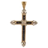 Renaissance Revival 9ct gold sapphire and diamond cross pendant, 3.5cm high, 1.2g