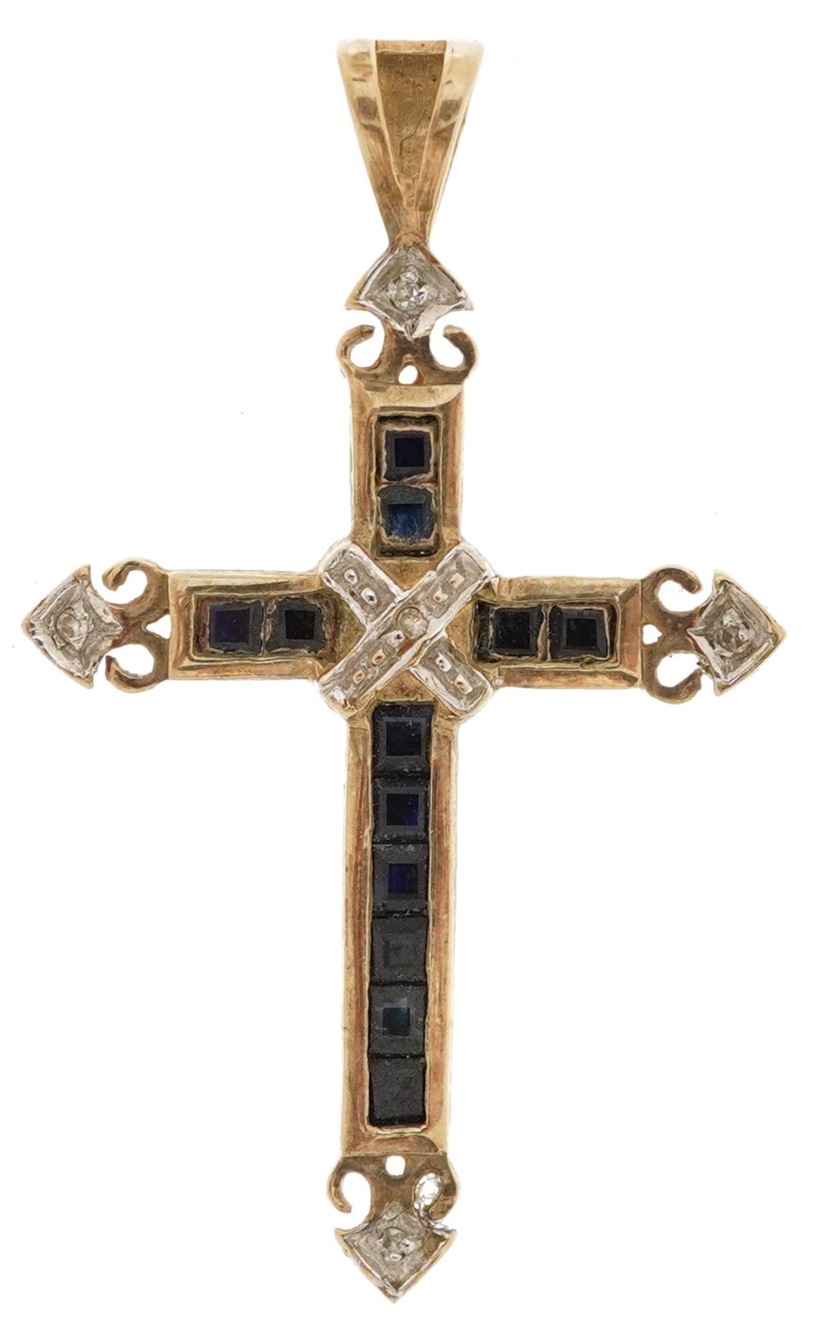 Renaissance Revival 9ct gold sapphire and diamond cross pendant, 3.5cm high, 1.2g