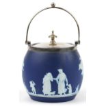 Wedgwood Jasperware biscuit barrel and cover with silver plated mounts, 16cm high including the