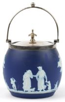 Wedgwood Jasperware biscuit barrel and cover with silver plated mounts, 16cm high including the