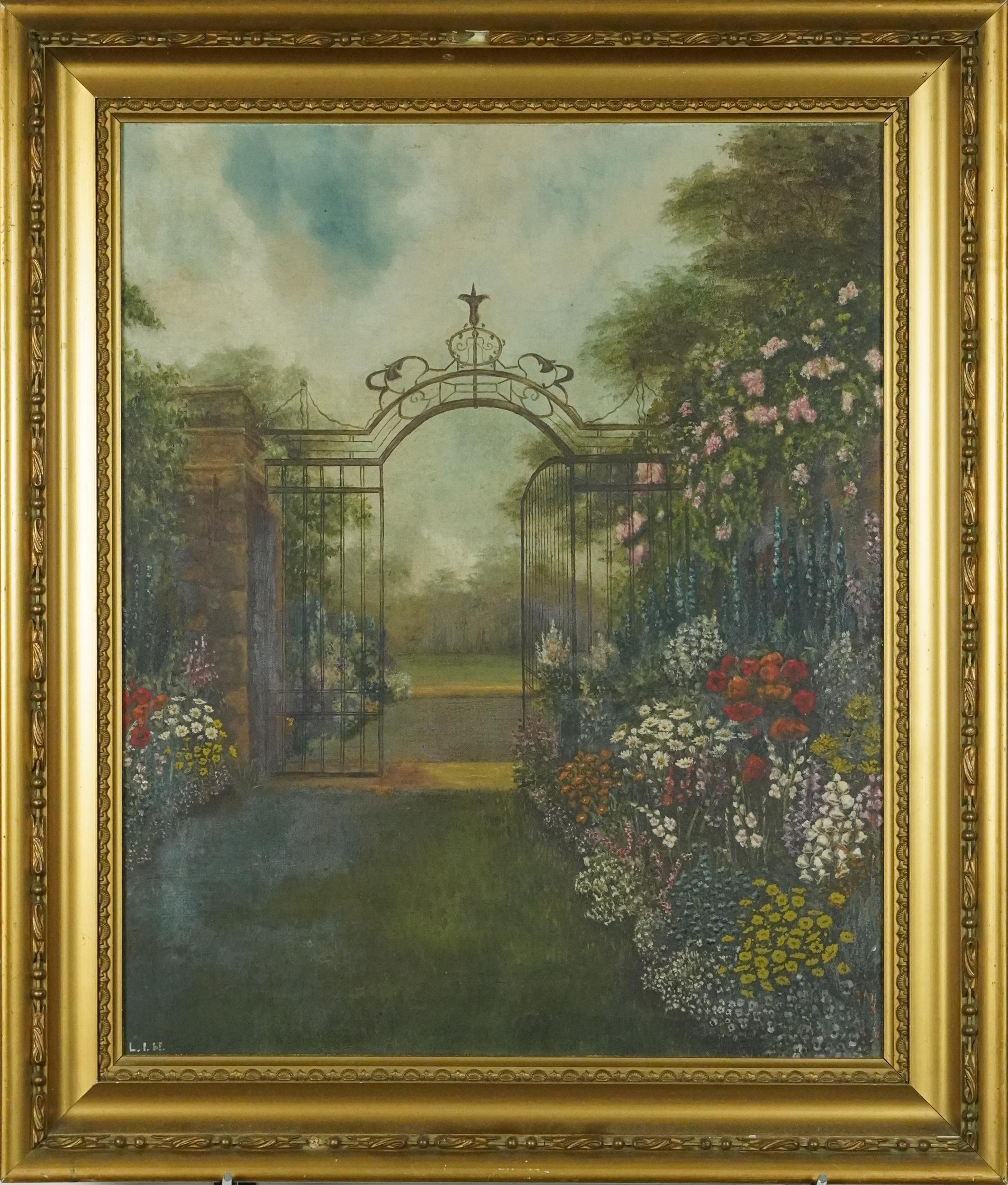 Garden of flowers with iron gate, 19th/20th century oil on canvas, mounted and framed, 54cm x 44cm - Image 2 of 4