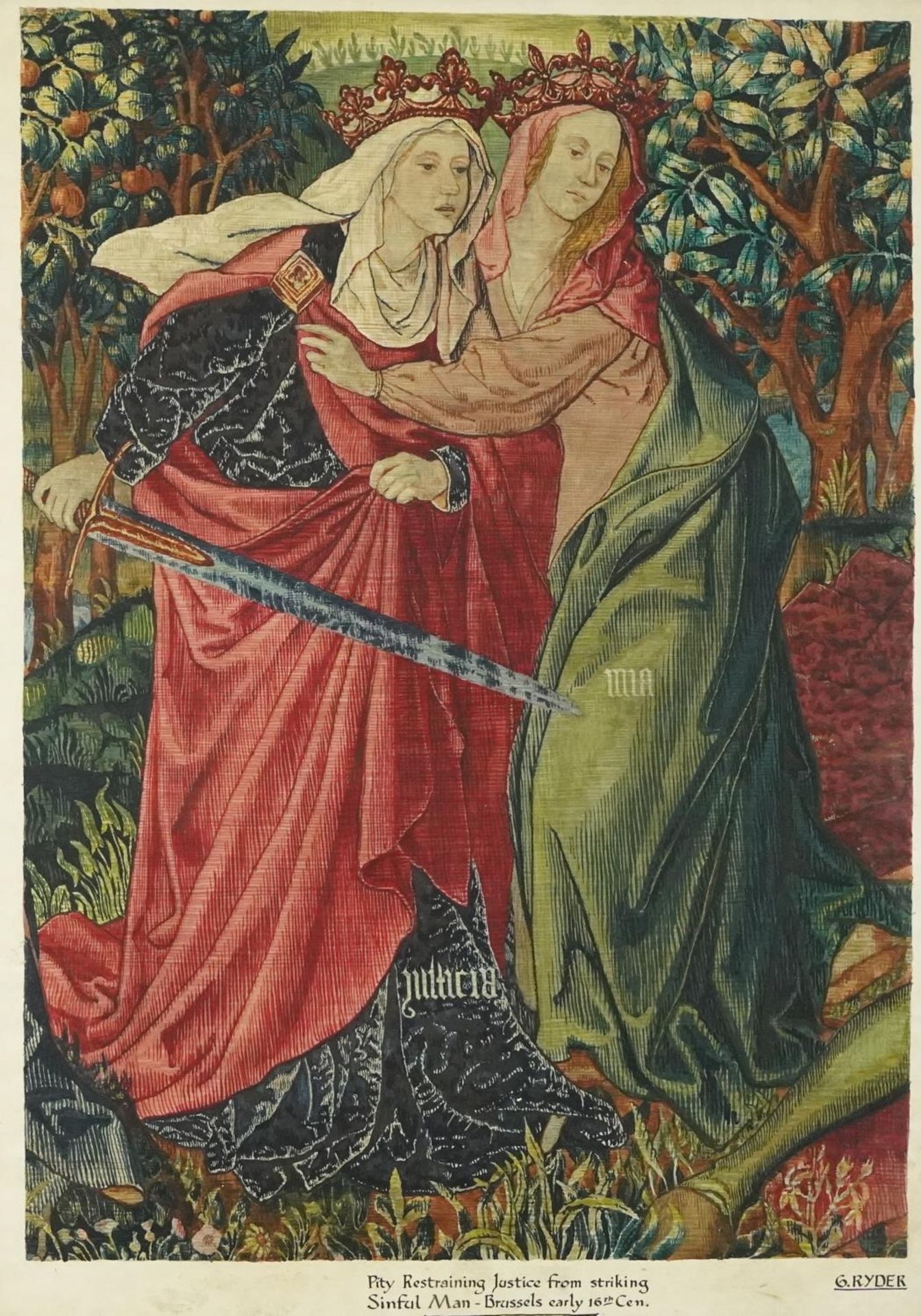 G Ryder - Pity Restraining Justice Striking Sinful Man Brussels early 16th century, Pre-Raphaelite