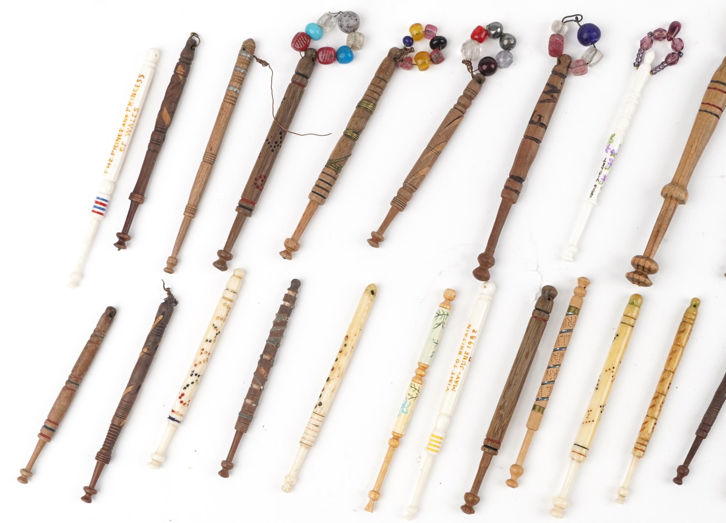 Collection of sewing interest carved bone and hardwood lace making bobbins with beads - Image 4 of 5