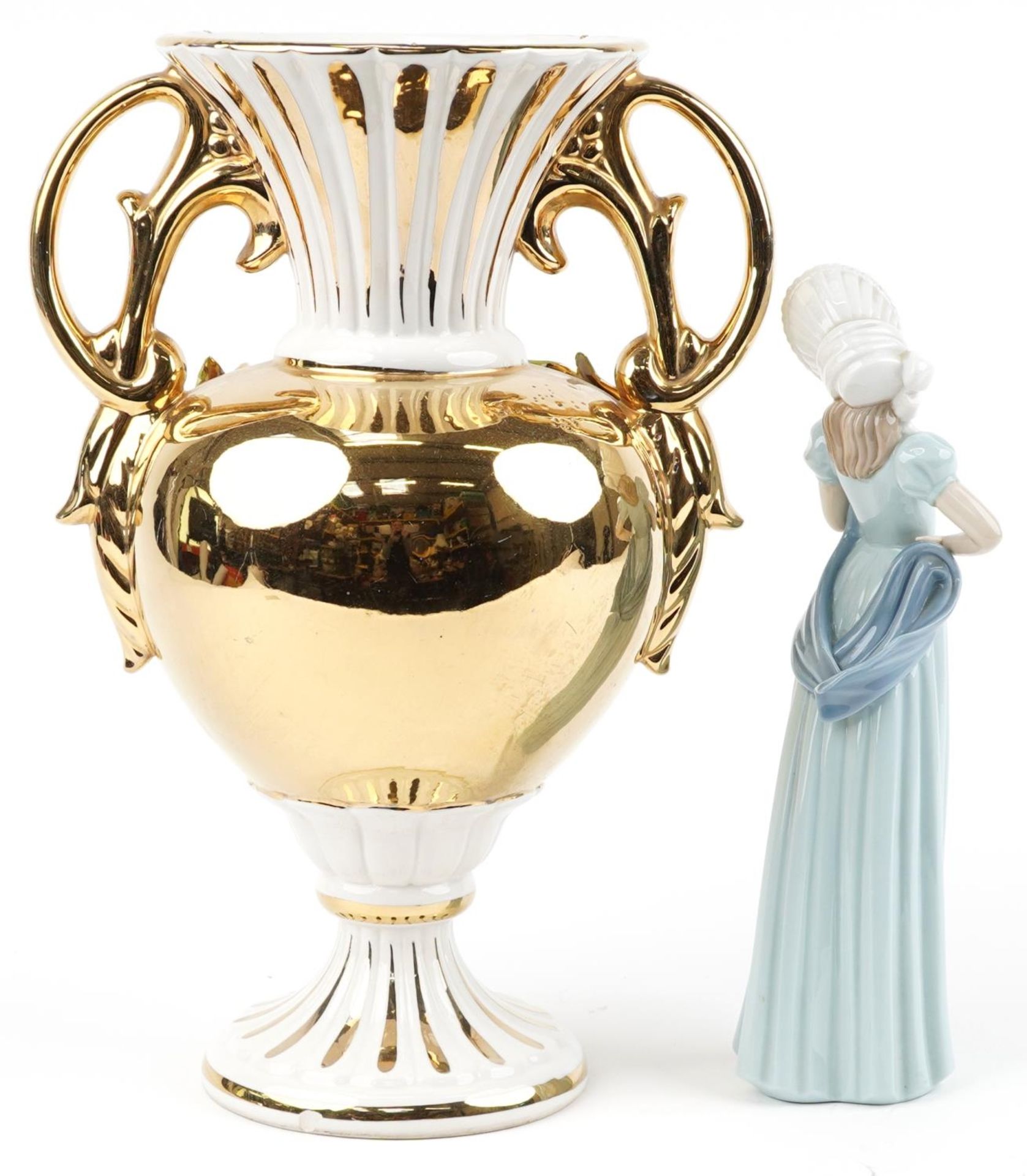 Large Italian floral encrusted vase with twin handles and a Nao figurine of a female wearing a white - Image 2 of 3