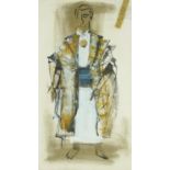Full length portrait of a man in costume, probably for a theatre design, mixed media costume design,