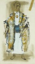 Full length portrait of a man in costume, probably for a theatre design, mixed media costume design,