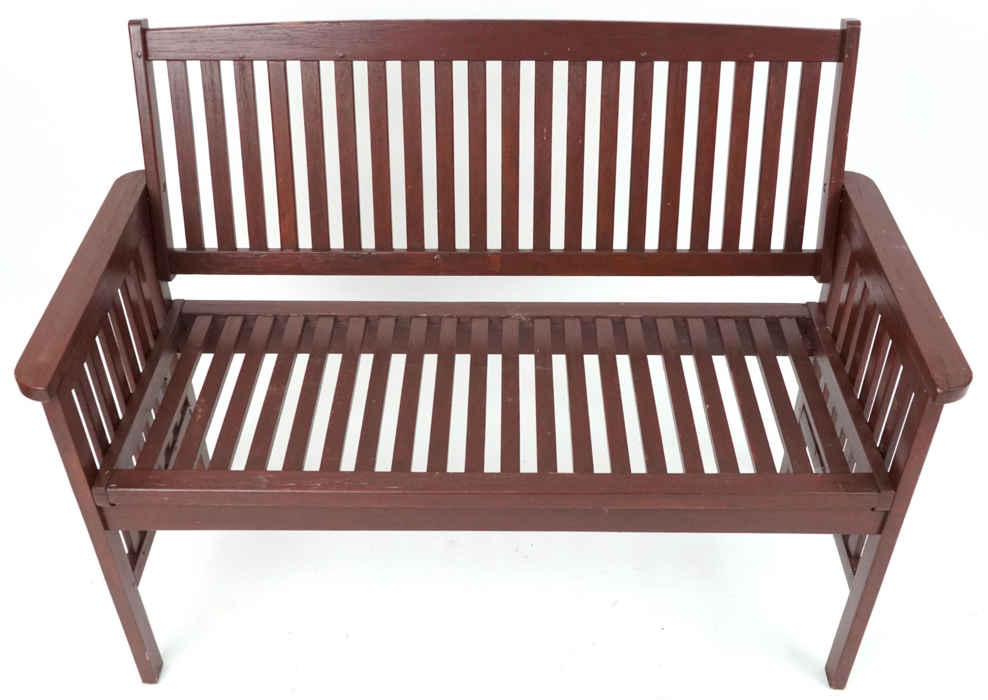 Stained teak slatted garden bench, 89cm H x 118.5cm W x 58cm D - Image 3 of 5
