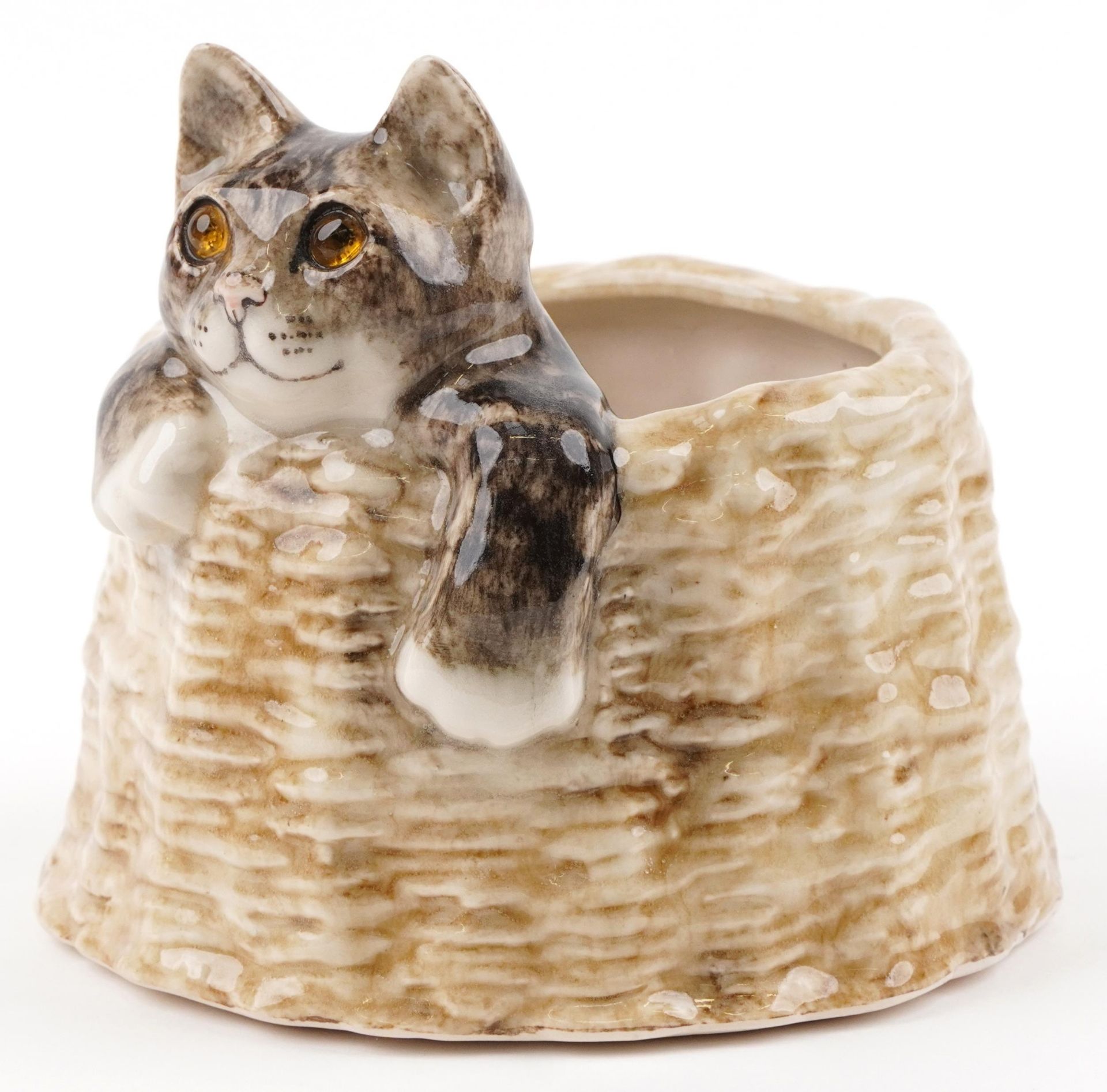 Winstanley pottery vase in the form of a cat climbing out of a basket, 17.5cm wide - Image 6 of 6