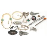 Antique and later jewellery and objects including Scottish sterling silver brooch in the form of a