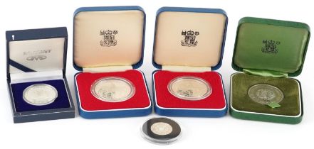 Five silver proof coins comprising Elizabeth II Longest Reigning Monarch one pound, three