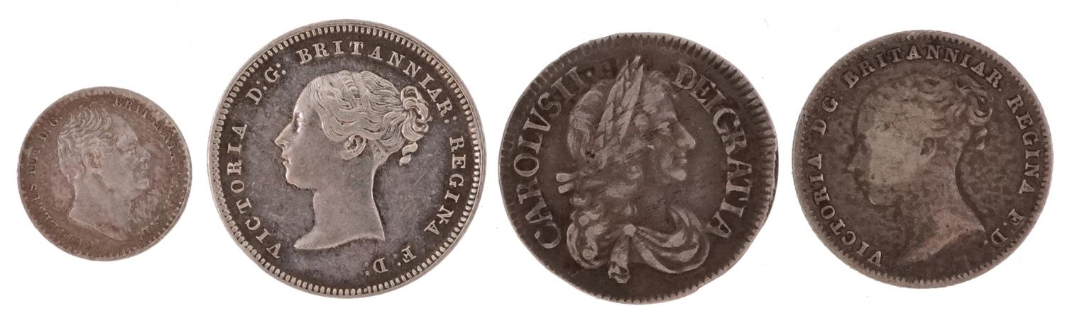 Charles II and later silver coinage comprising Charles II 1679 fourpence, Victoria Young Head 1842 - Image 2 of 2