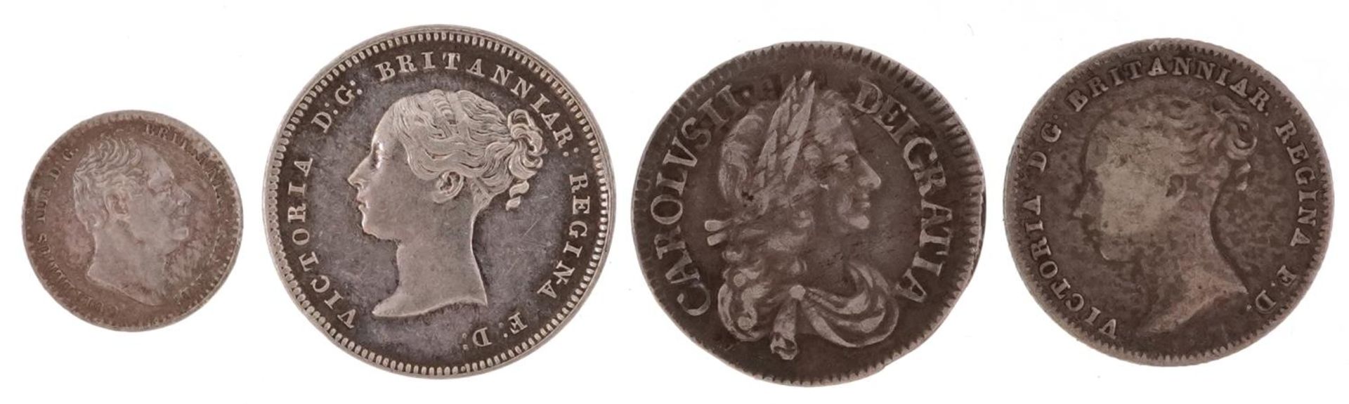 Charles II and later silver coinage comprising Charles II 1679 fourpence, Victoria Young Head 1842 - Bild 2 aus 2