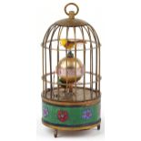 Clockwork automaton birdcage alarm clock with cloisonne band, 15.5cm high