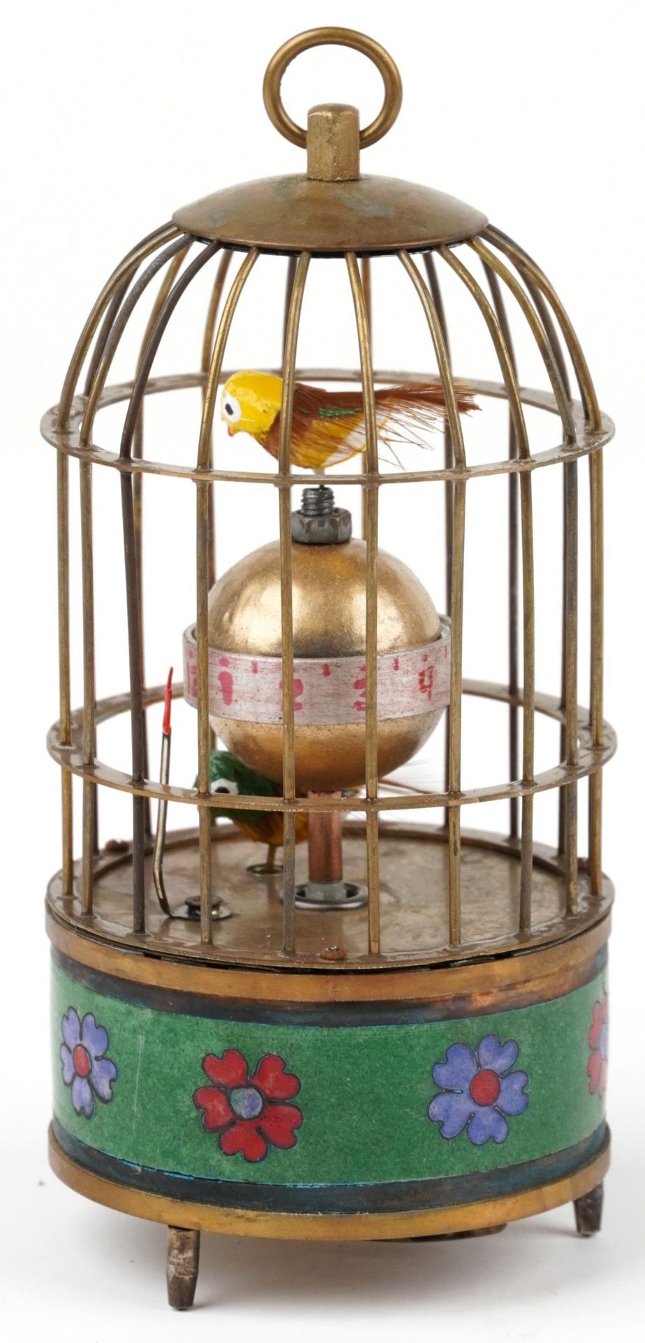 Clockwork automaton birdcage alarm clock with cloisonne band, 15.5cm high