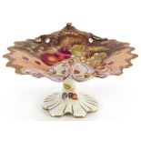 Aynsley or Worcester style pedestal porcelain centrepiece hand painted and decorated with fruit,