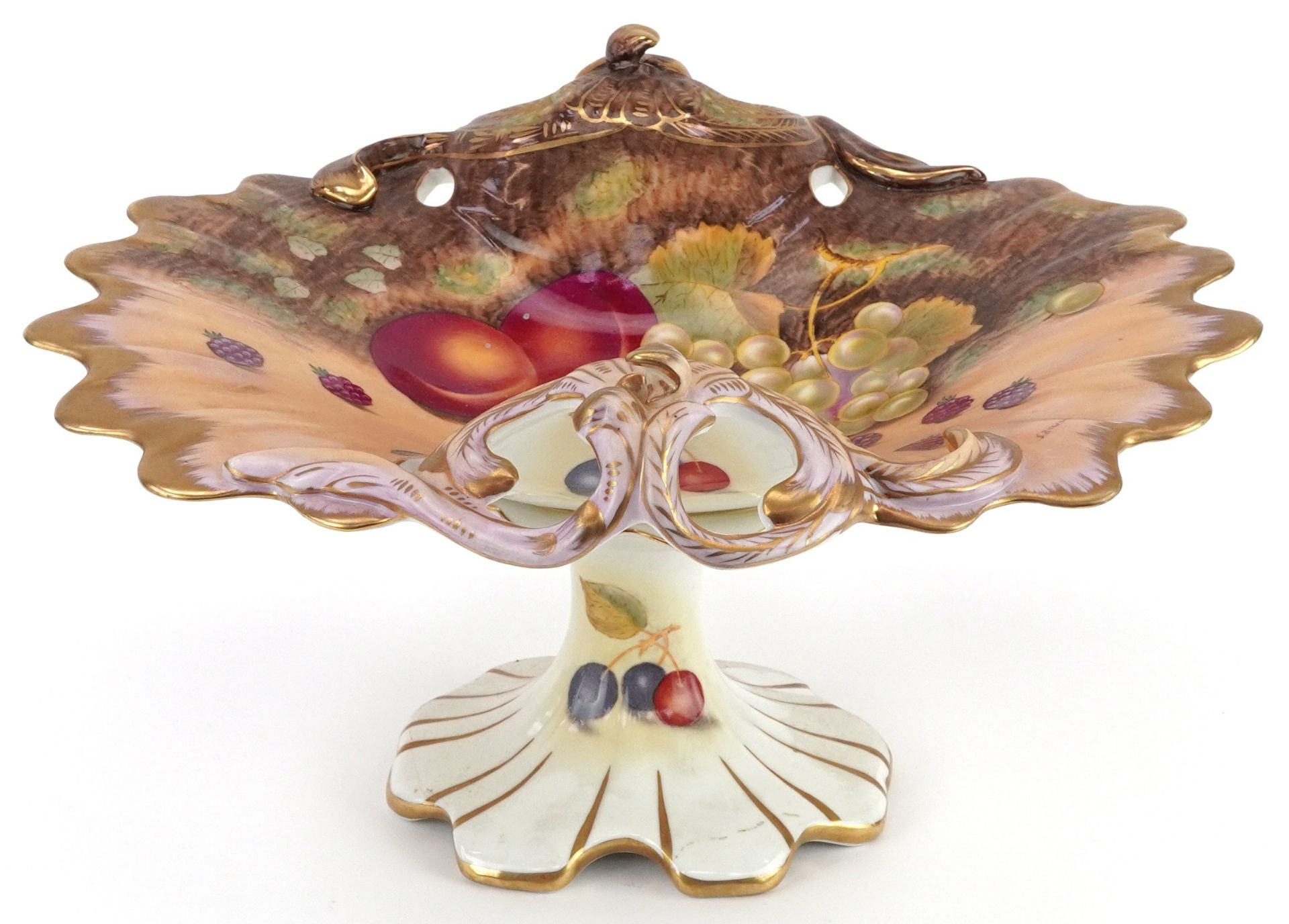Aynsley or Worcester style pedestal porcelain centrepiece hand painted and decorated with fruit,