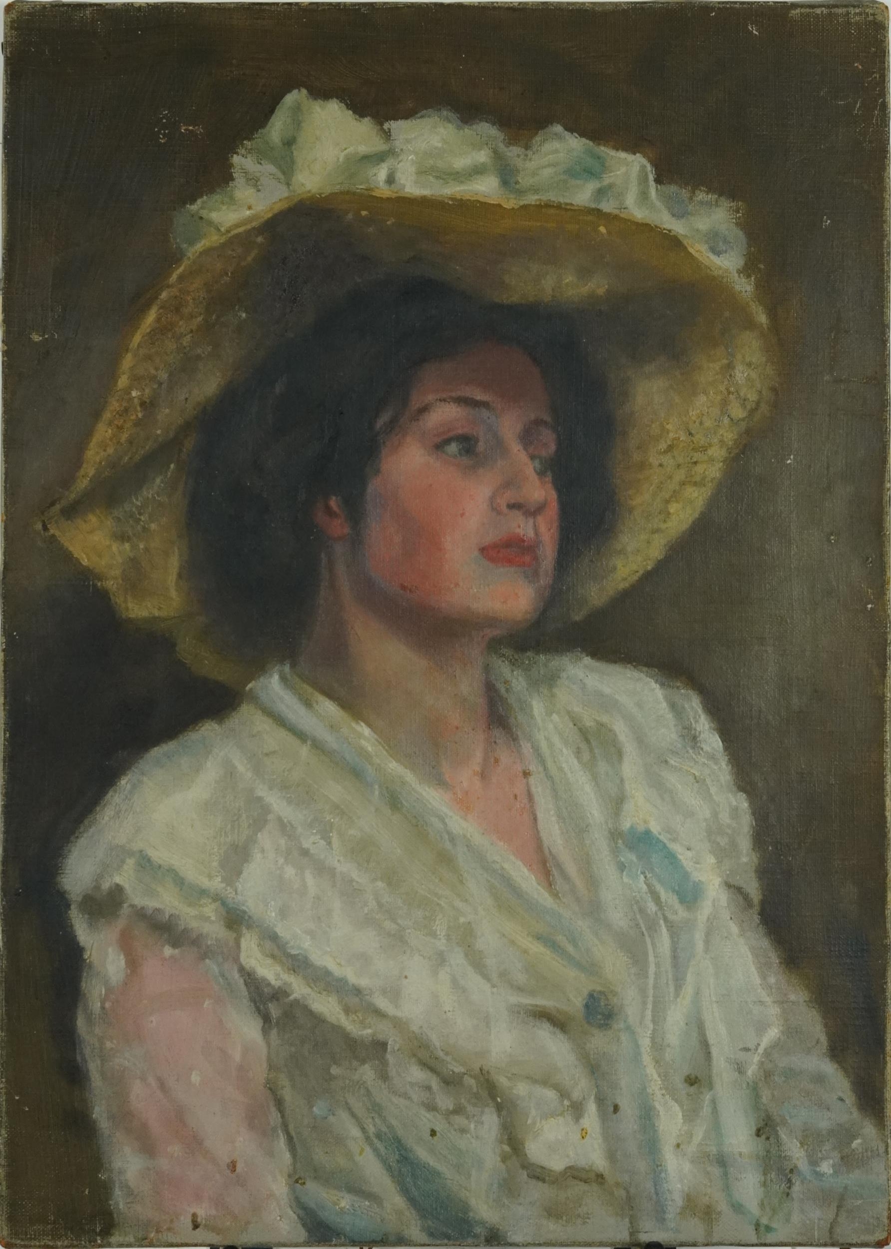 Top half portrait of a female wearing a wide brimmed hat and white lace top, early 20th century