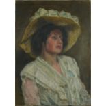 Top half portrait of a female wearing a wide brimmed hat and white lace top, early 20th century