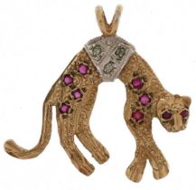 Unmarked gold pink spinel and diamond pendant in the form of a leopard, 2.3cm high, 1.7g