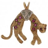 Unmarked gold pink spinel and diamond pendant in the form of a leopard, 2.3cm high, 1.7g
