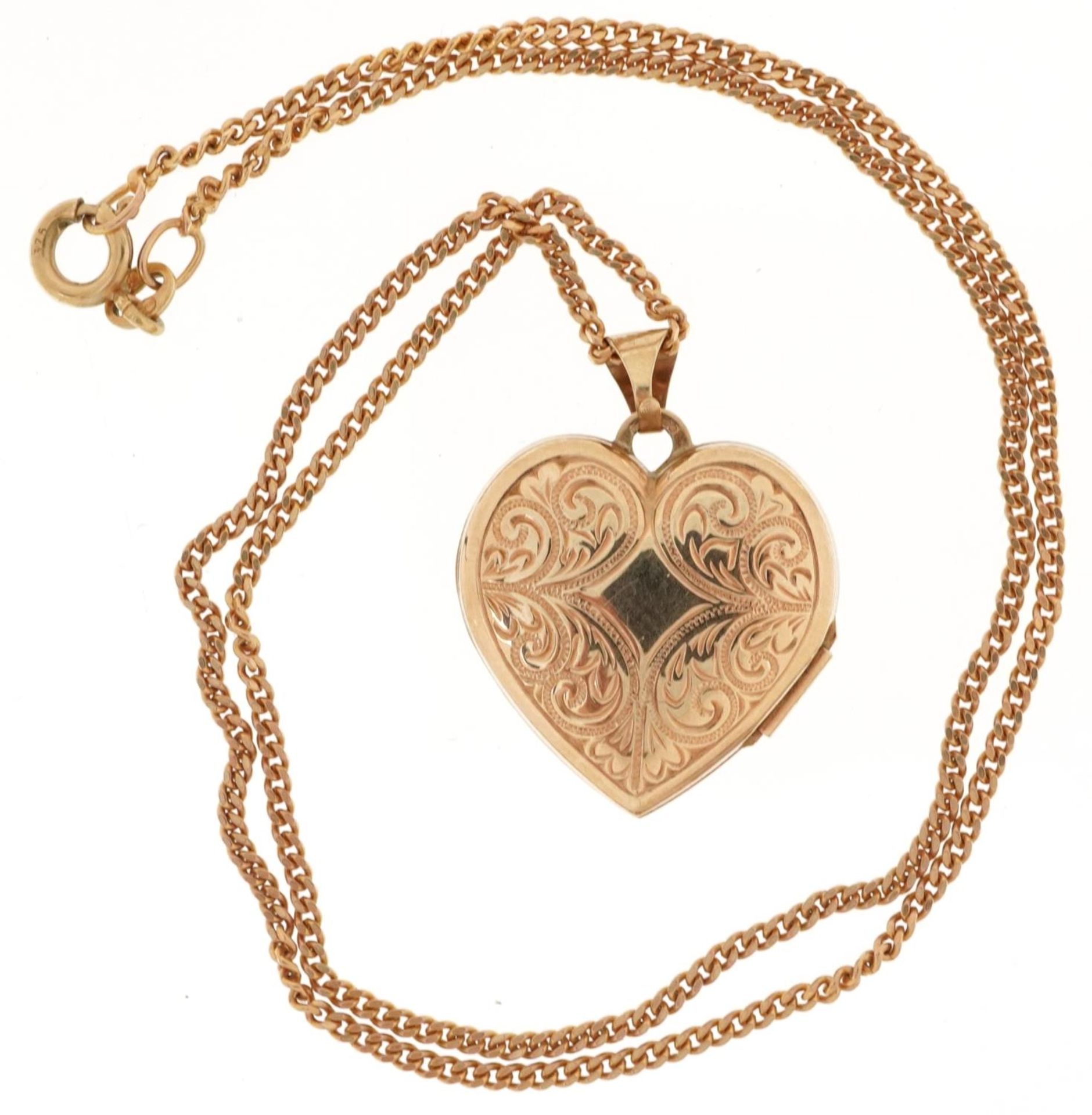 9ct gold floral engraved love heart locket on a 9ct gold necklace, 2.7cm high and 40cm in length, - Image 4 of 6