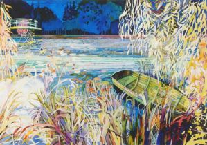 Peter Welton - Moored rowing boat on a lake, contemporary pencil signed giclee print, limited