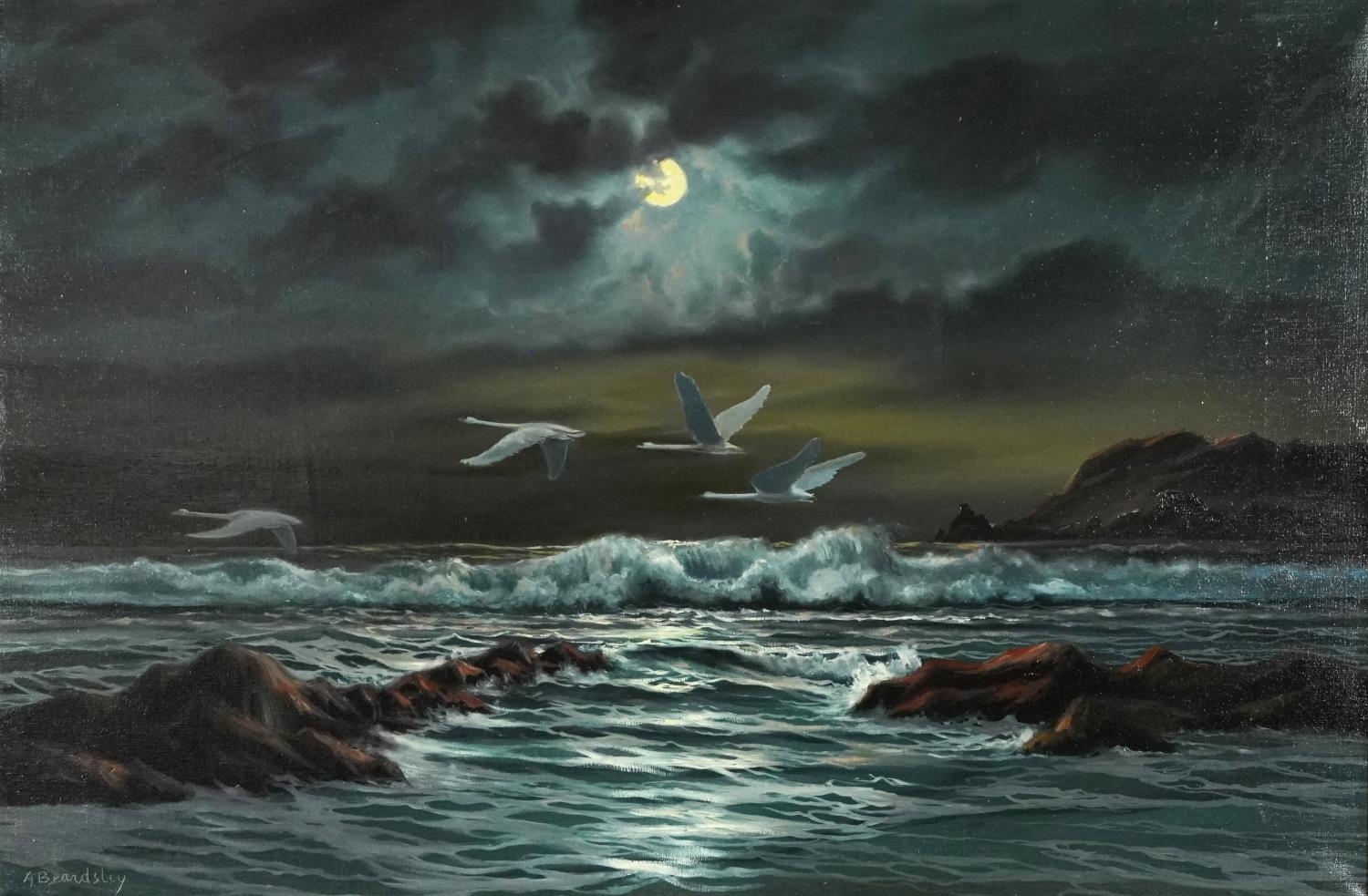 Arnold Beardsley - Moonlit coastal scene with swans, 91cm x 61cm excluding the mount and frame