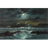 Arnold Beardsley - Moonlit coastal scene with swans, 91cm x 61cm excluding the mount and frame