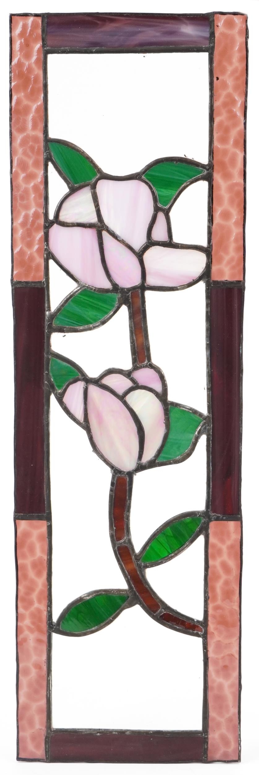 Four leaded stained glass window panels including a pair, each decorated with flowers, the largest - Image 4 of 9