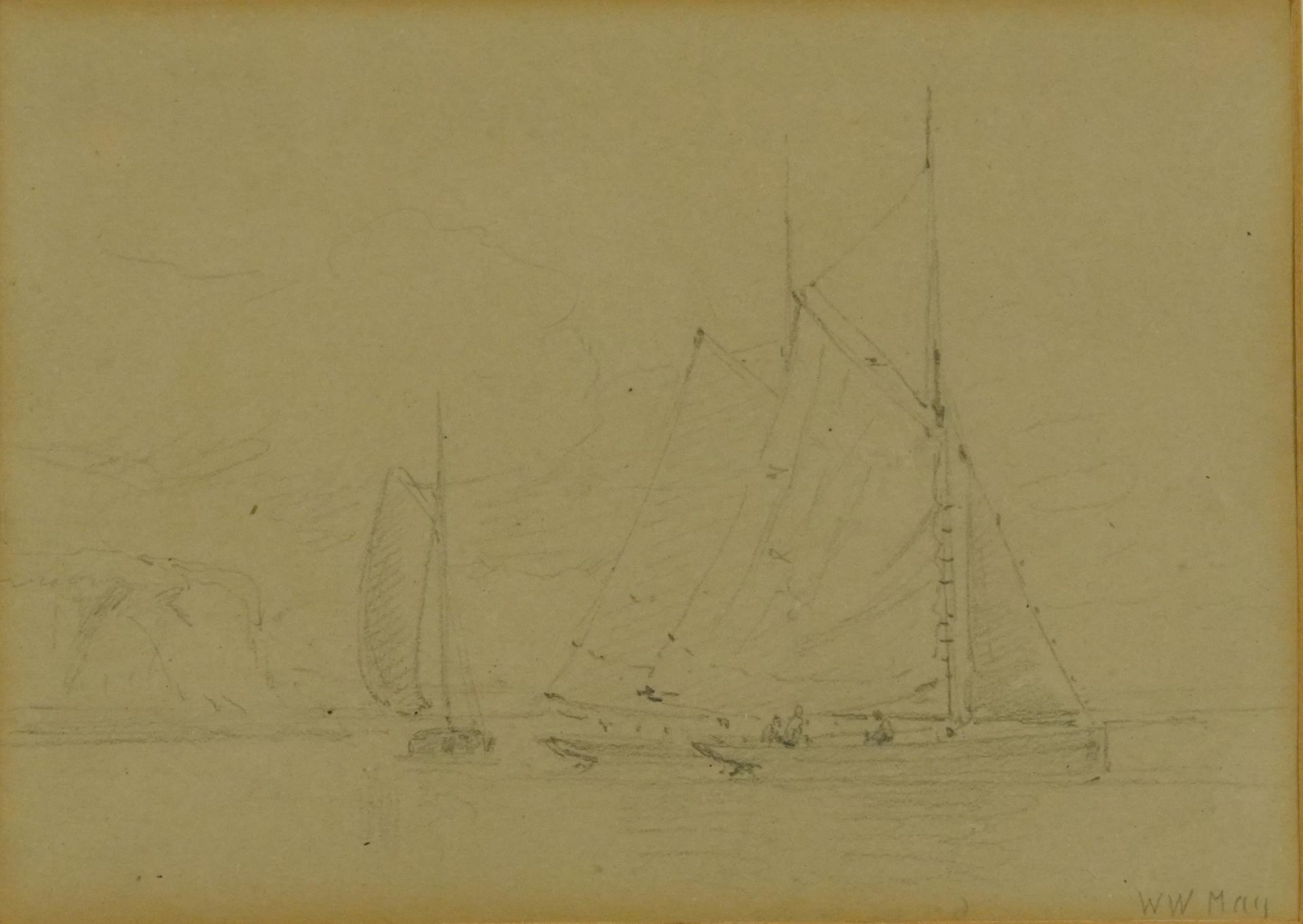 Walter William May - Sailing boats with figures, pencil, mounted, framed and glazed, 16.5cm x 12cm