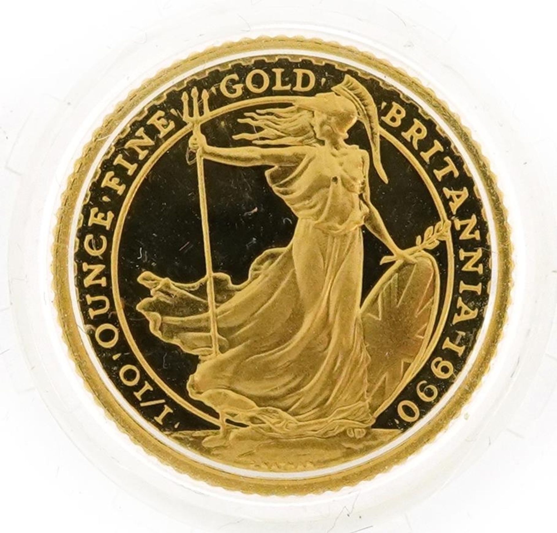 Elizabeth II 1990 Britannia 1/10th ounce fine gold ten pound coin housed in a fitted Royal Mint case - Bild 2 aus 5