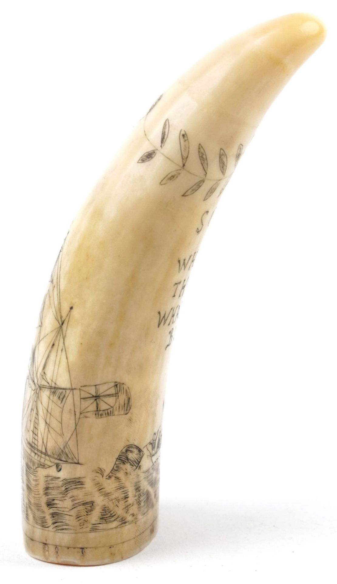 Antique sailor's scrimshaw whale's tooth engraved with whalers beside a rigged ship inscribed - Image 2 of 6