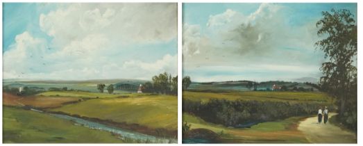 Raymond Price - Rural landscapes, pair of Victorian style oil on boards, mounted and framed, each