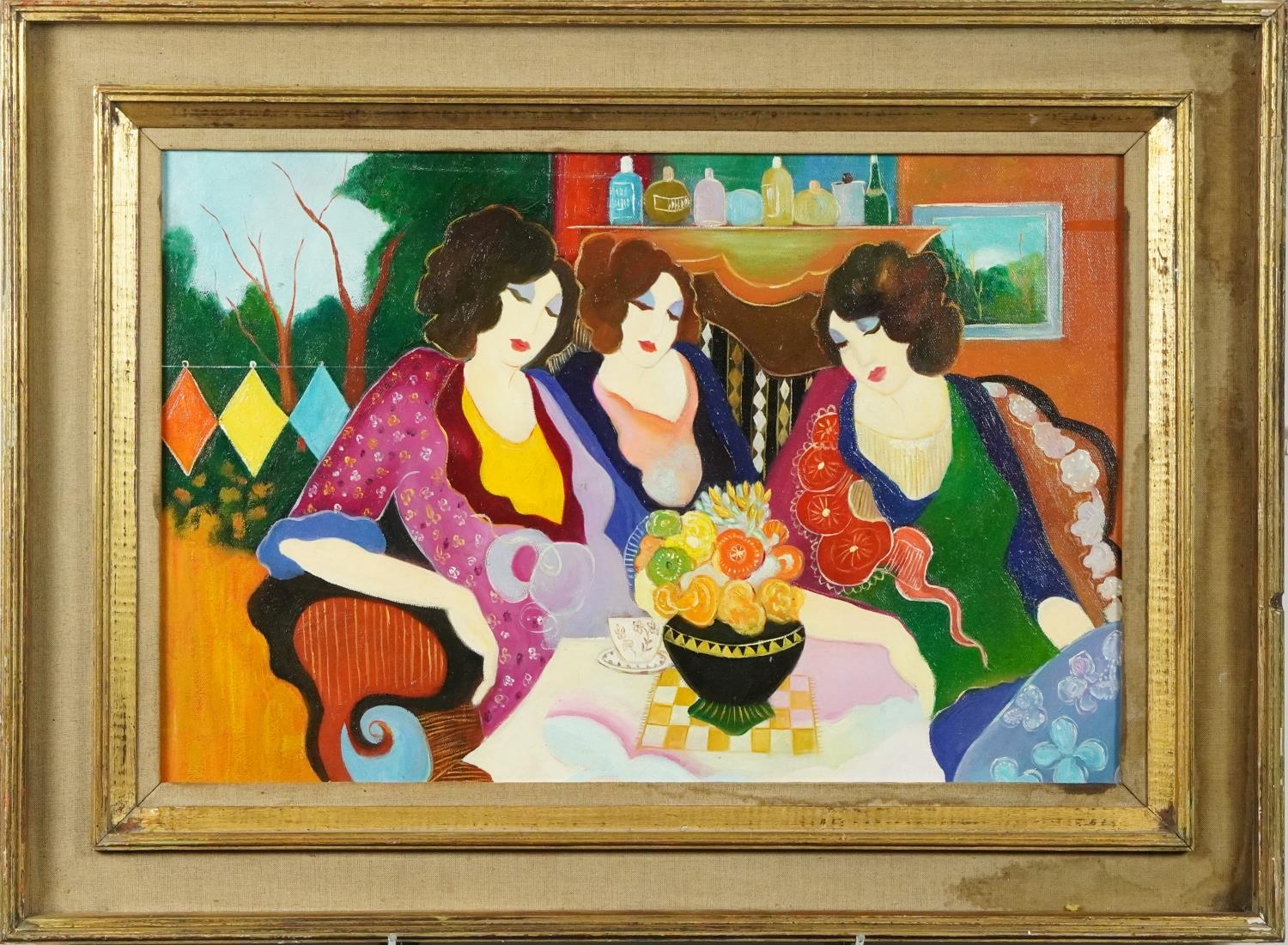 After Itzchak Tarkay - Afterparty, American school oil on board, mounted and framed, 60cm x 40cm - Image 2 of 4