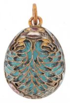 Silver gilt champleve enamel double head eagle egg pendant, impressed Russian marks to the