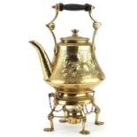 European Secessionist brass teapot on stand with burner, engraved and embossed with birds amongst