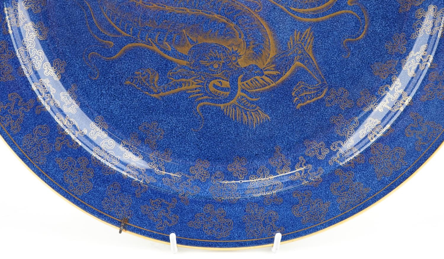 Wedgwood, aesthetic Chinese style powder blue ground lustre wall plaque gilded with a dragon amongst - Image 2 of 4