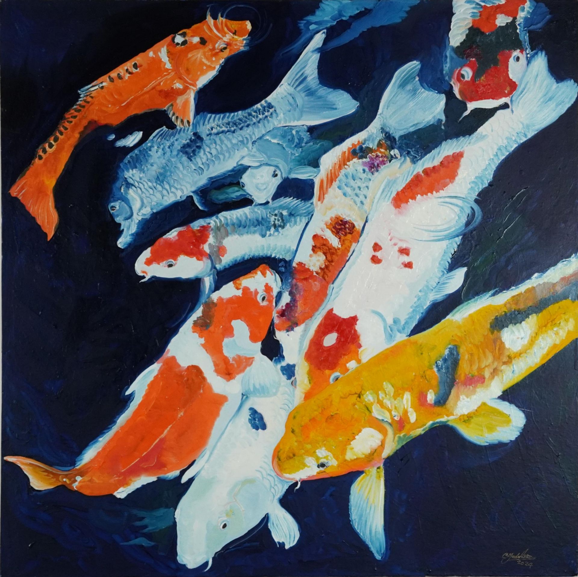 Clive Fredriksson - Goldfish, contemporary oil on canvas, unframed, 91.5cm x 92cm